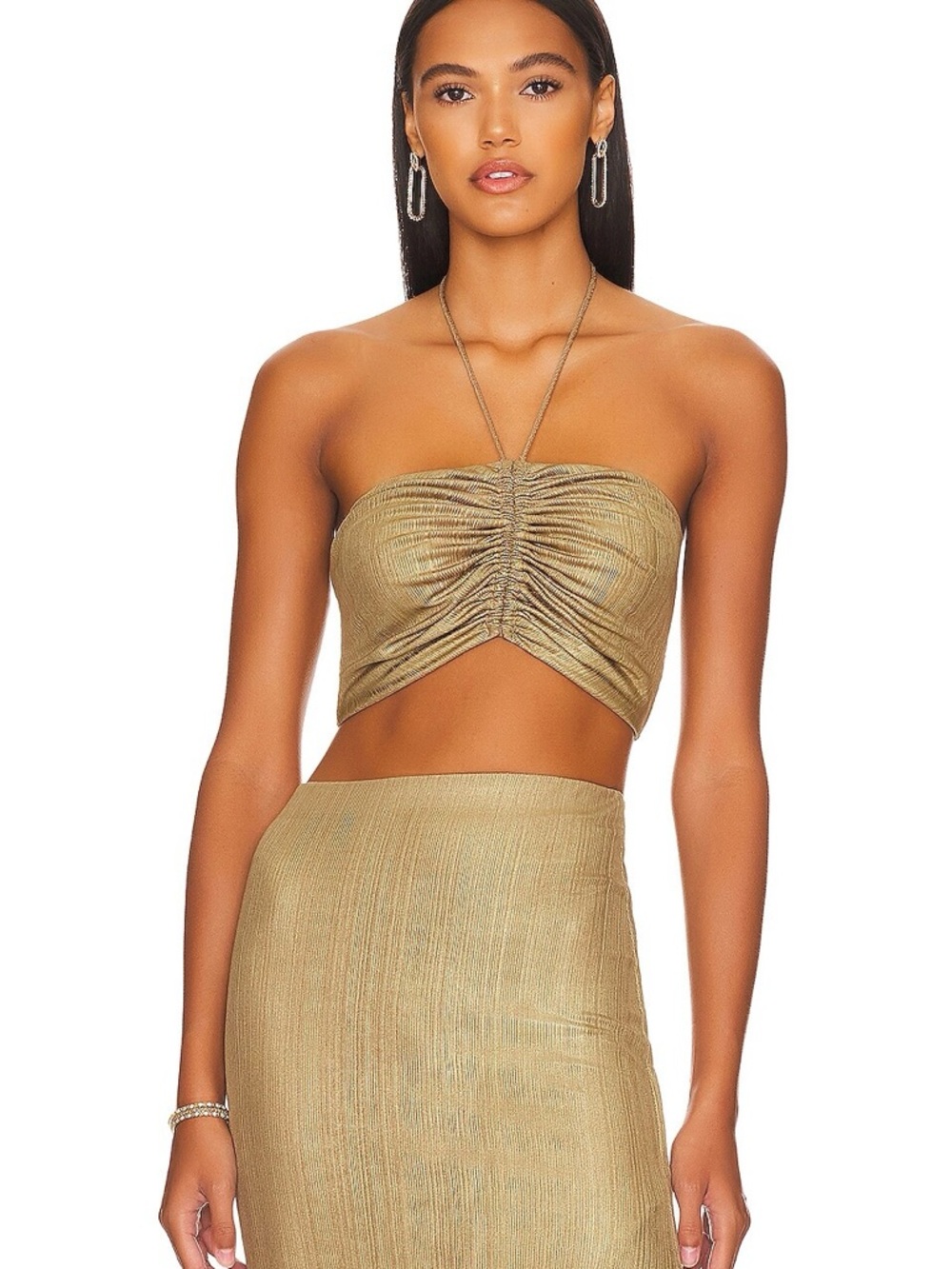 Shimmer Ruched Bandeau Crop Top in Gold
